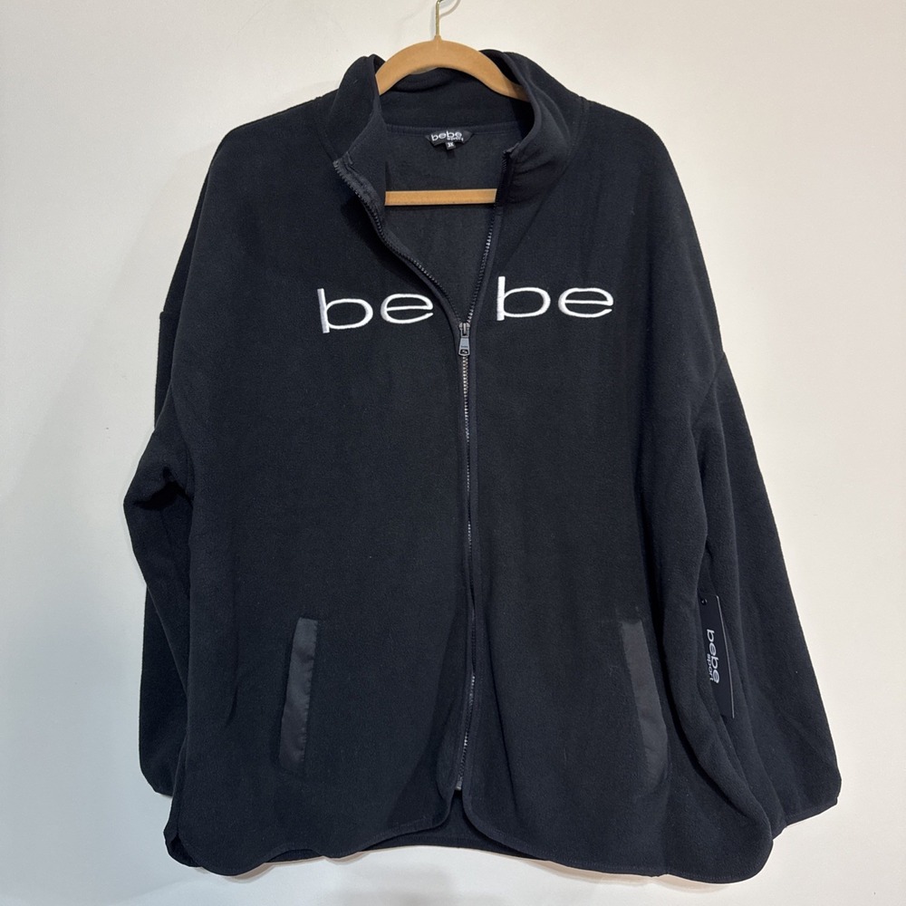 New Bebe Women's 3X Black Polar Fleece Jacket Zip Front Logo New With Tags #C001